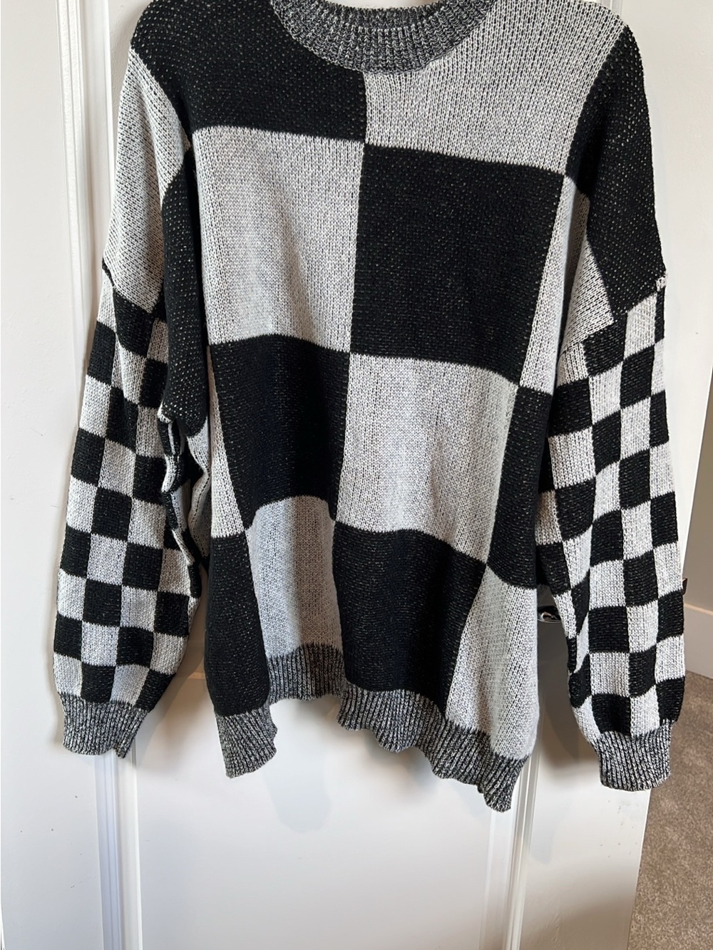 Chunky Checkerboard Knit Sweater - Black and Gray
